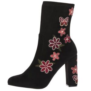 Chinese Laundry Bombshell Embroidered Floral Faux Suede Block Heel Boots